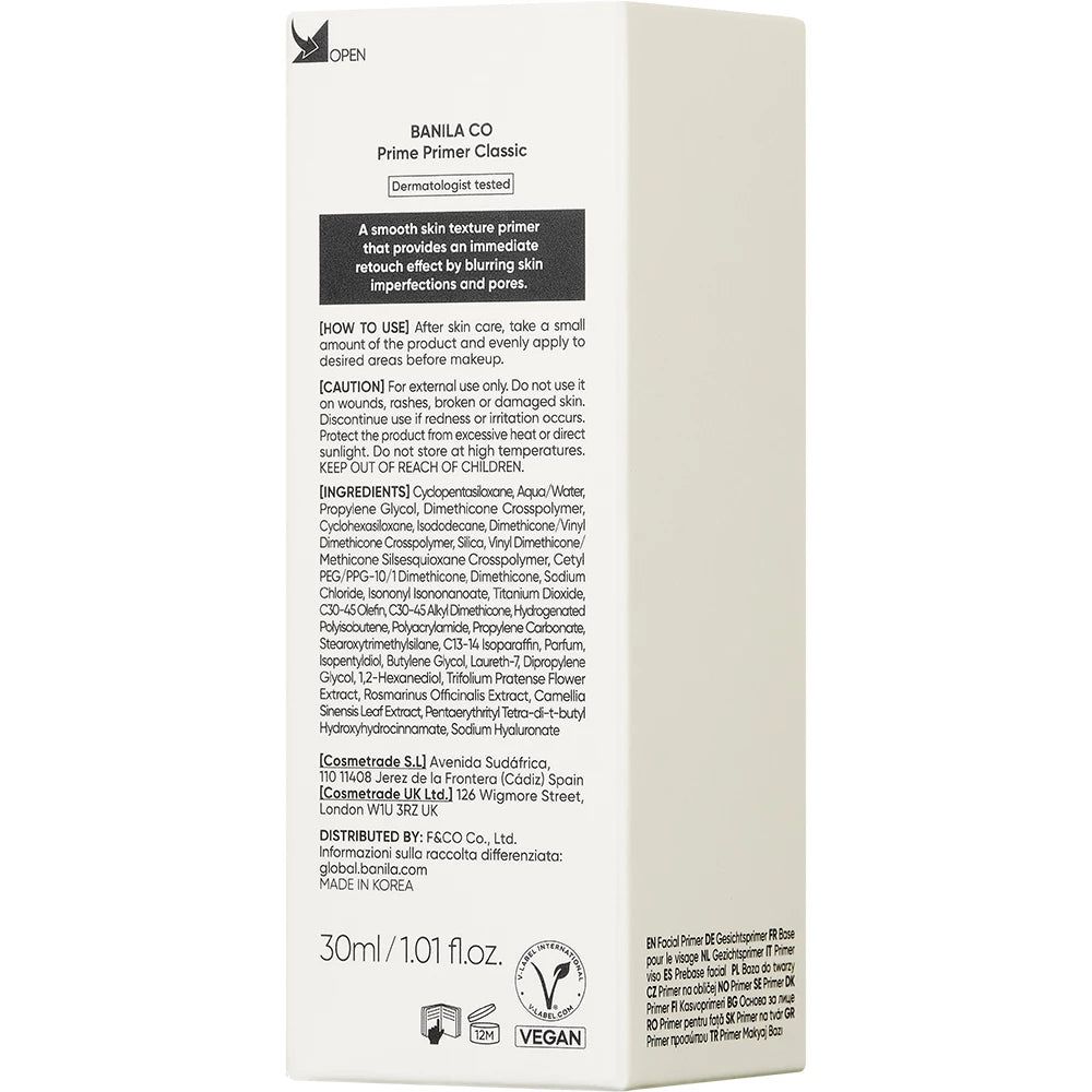 Achterkant van de verpakking BANILA CO Prime Primer Classic met ingrediënten.