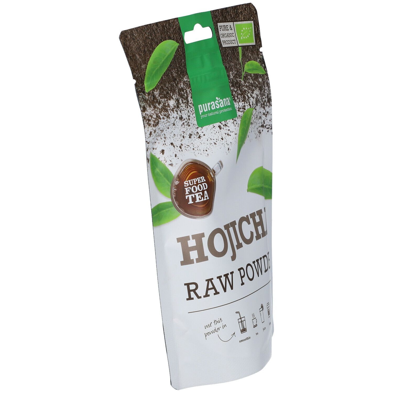 Verpakking met Hojicha-poeder. Opschrift: Hojicha Raw Powder. Logo: purasana®.