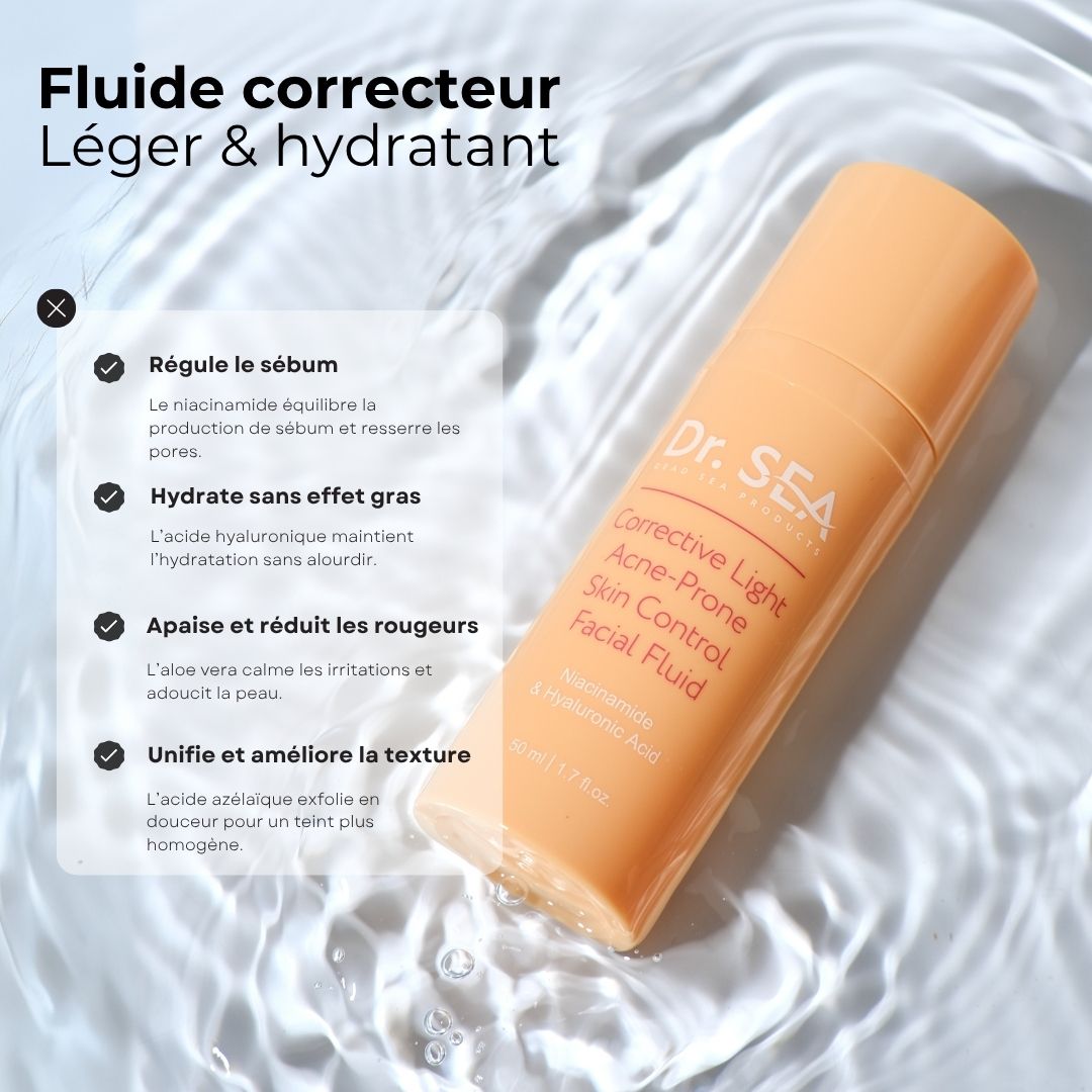 Flacon beige dans l'eau. Inscription : Dr. SEA, Corrective Light, Acne-Prone Skin Control Facial Fluid. Texte sur les propriétés.