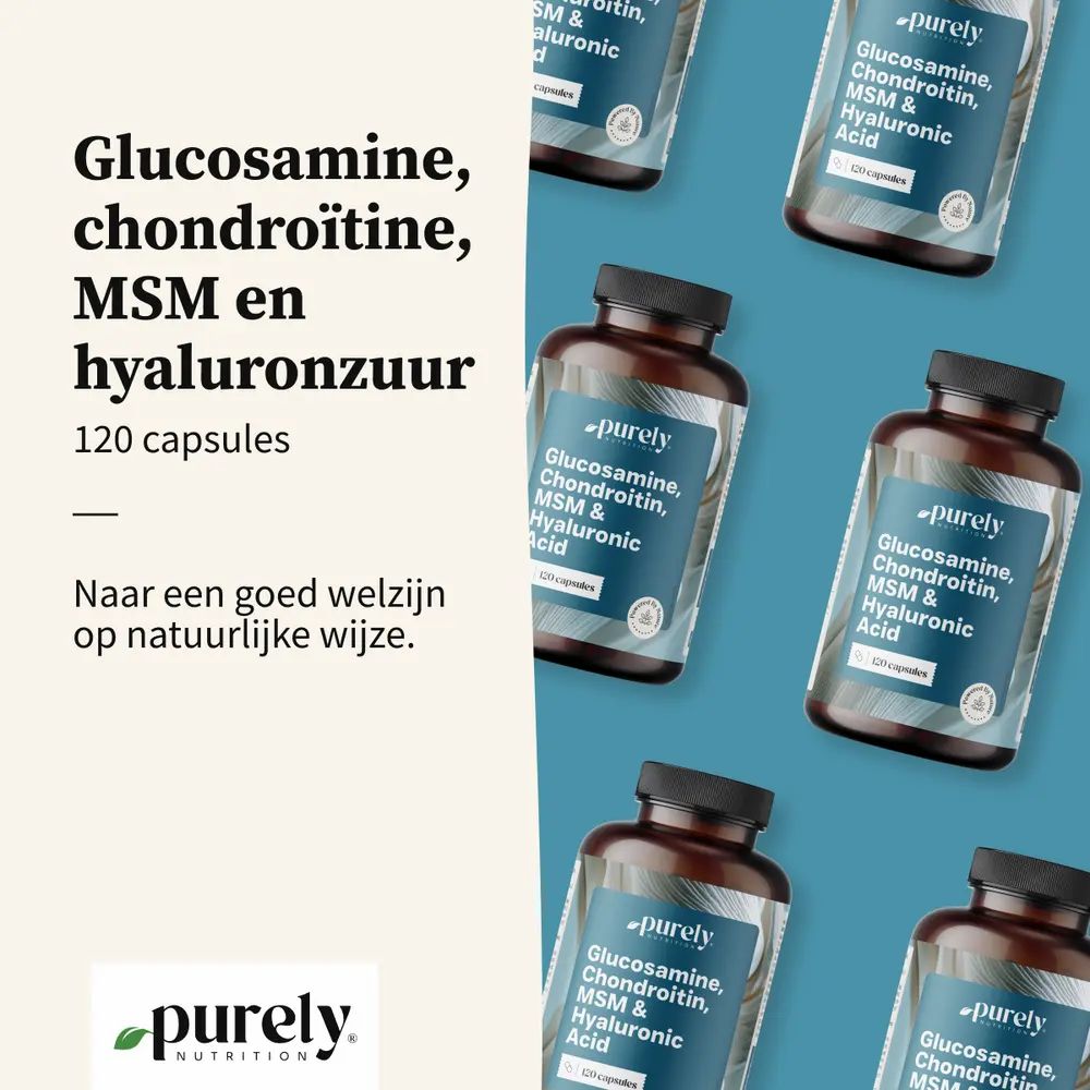 Meerdere flessen met: Glucosamine, Chondroïtine, MSM & Hyaluronzuur. 120 capsules. Tekst: Unieke combinatie.