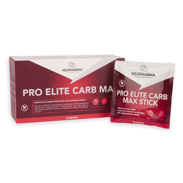 Productverpakking van Neapharma Pro Elite Carb Max. Doos en zakje met productnaam en logo.
