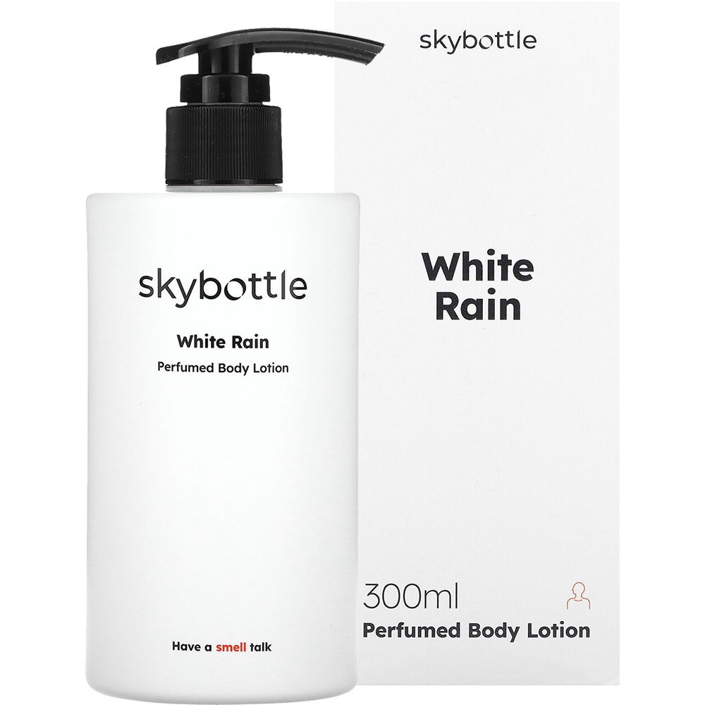 SKYBOTTLE bodylotion fles en verpakking. Opschrift: White Rain, Perfumed Body Lotion. 300ml. Met persoonssymbool.