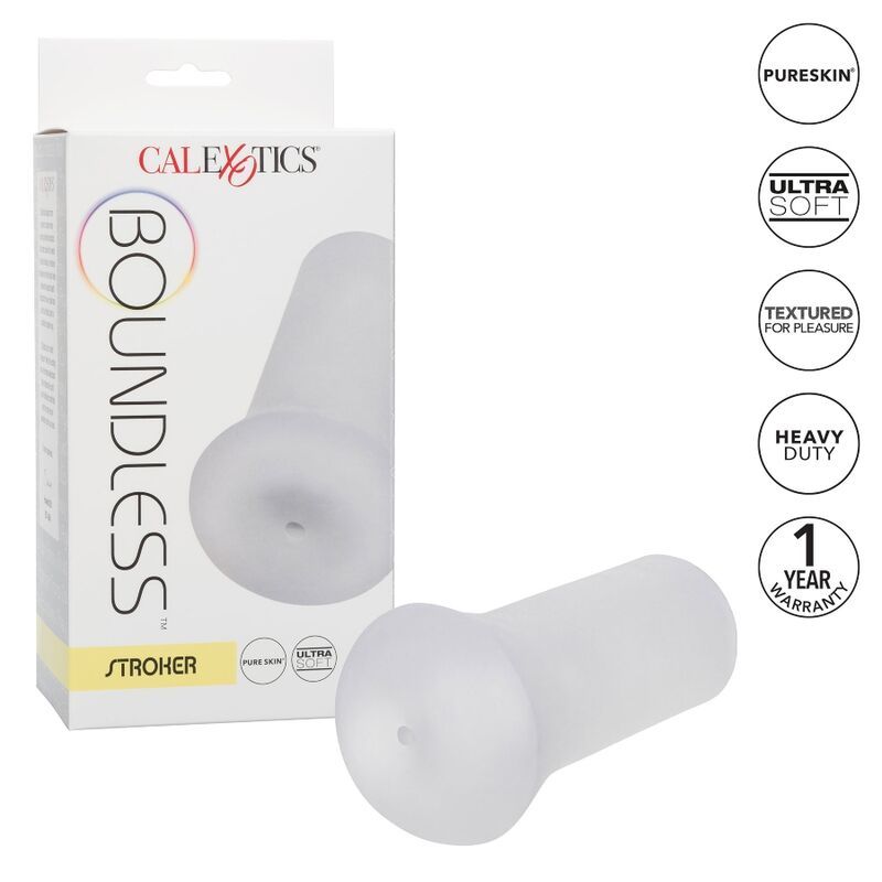 Calexotics Boundless Stroker: Witte, getextureerde siliconen masturbator met 'Ultra Soft' en 'Heavy Duty' zegels.