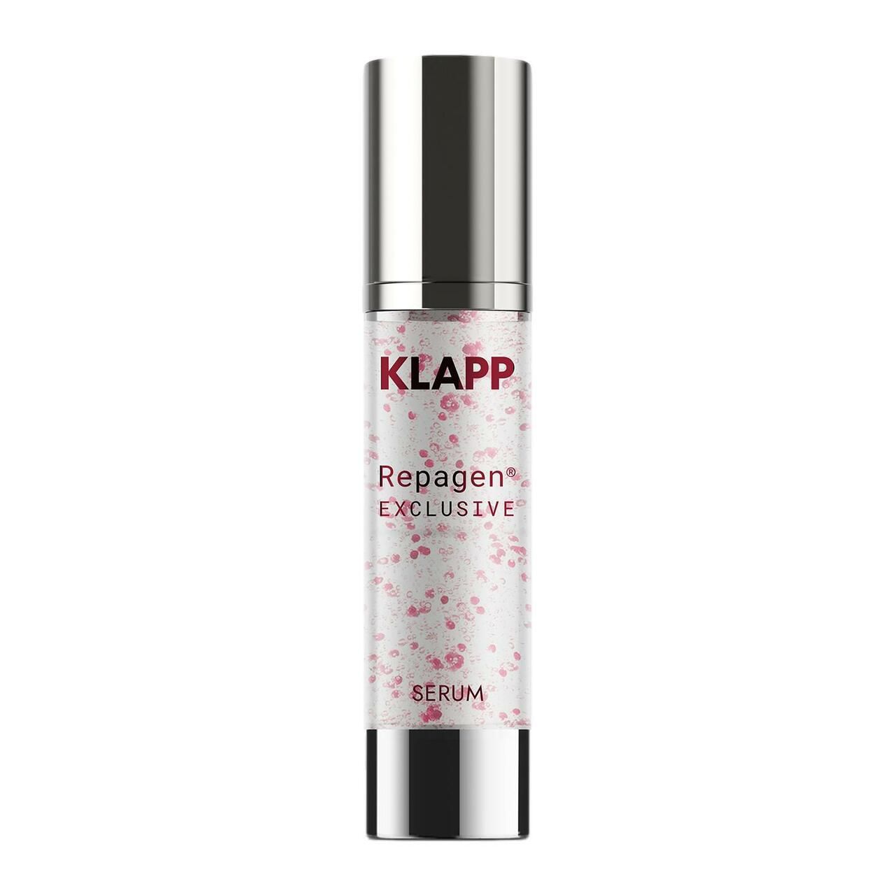 Cilindrische fles met zilveren dop en bodem. Tekst: Klapp, Repagen Exclusive Serum. 50 ml 1.7 FL.OZ.U.S.