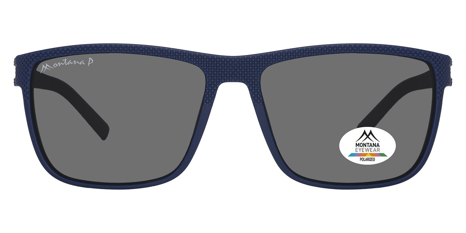 Blauwe zonnebril met grijze glazen. "Montana P" op de linker poot. Sticker met logo en "Polarized" op het rechter glas.