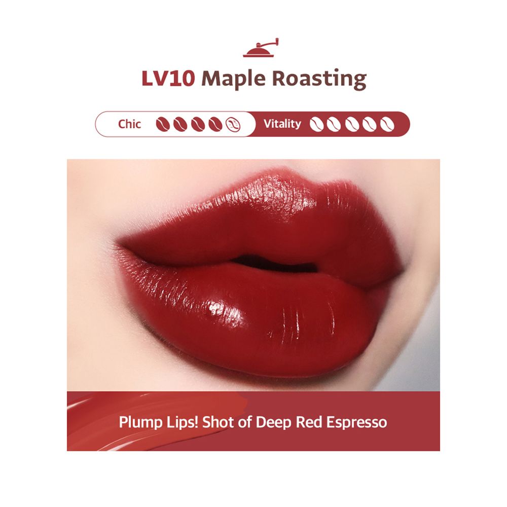 Gros plan sur des lèvres avec un rouge à lèvres rouge. Texte : LV10 Maple Roasting. Échelle d'évaluation.