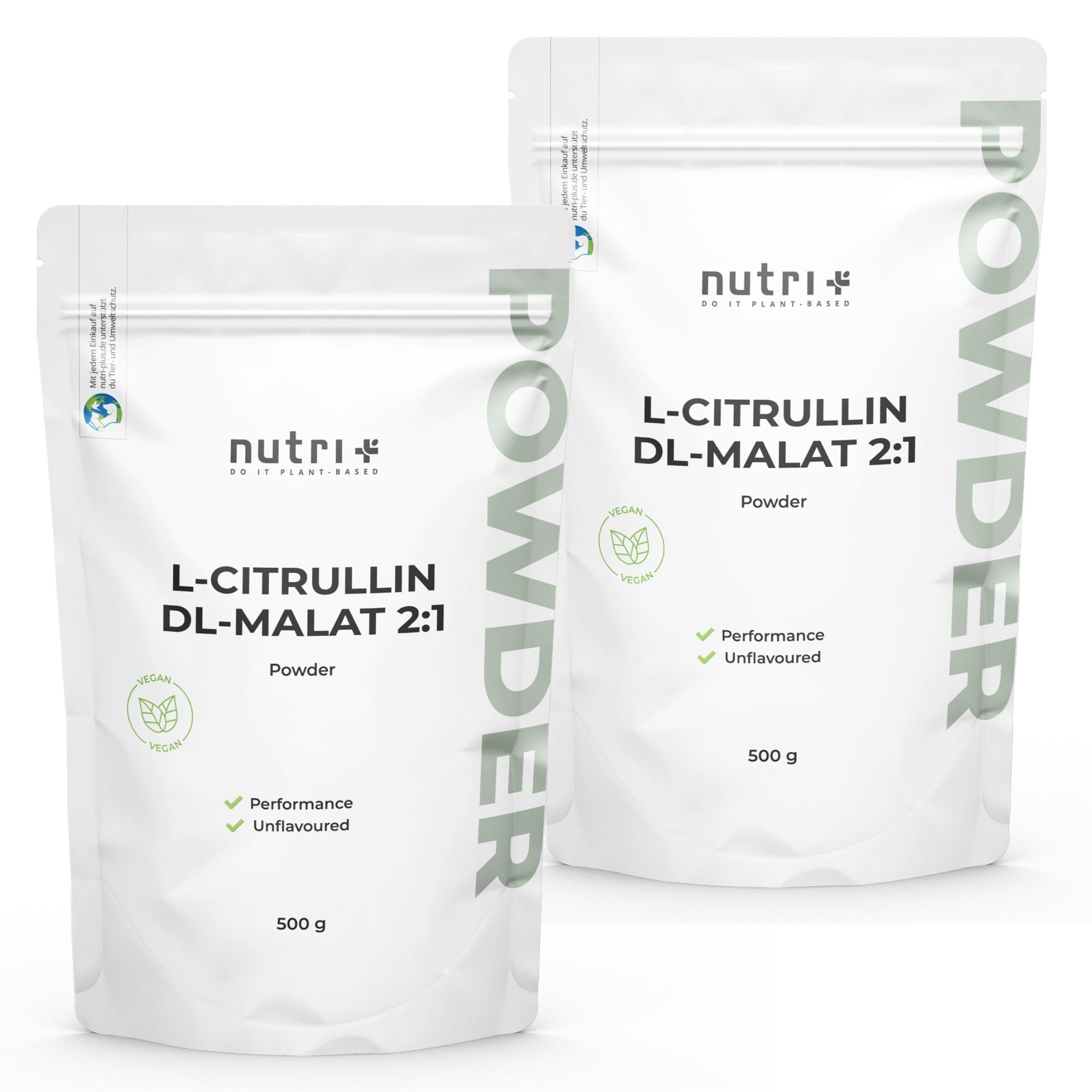 Deux sachets blancs de poudre de L-Citrulline DL-Malate 2:1. Végétalien, sans arôme, 500g. Marque : nutri+.