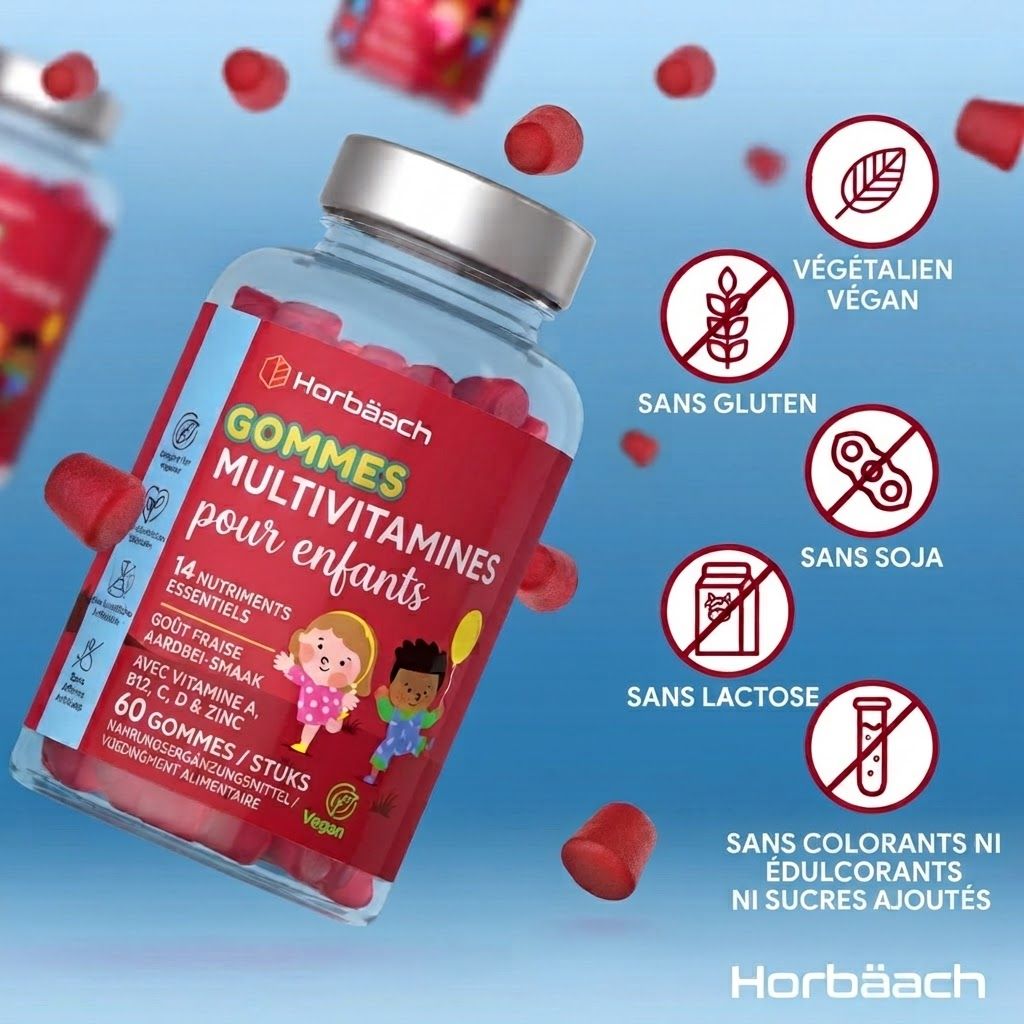 Horbäach Gommes Multivitamines pour enfants, 60 gommes, goût fraise. Vegan, sans gluten, sans soja, sans lactose.