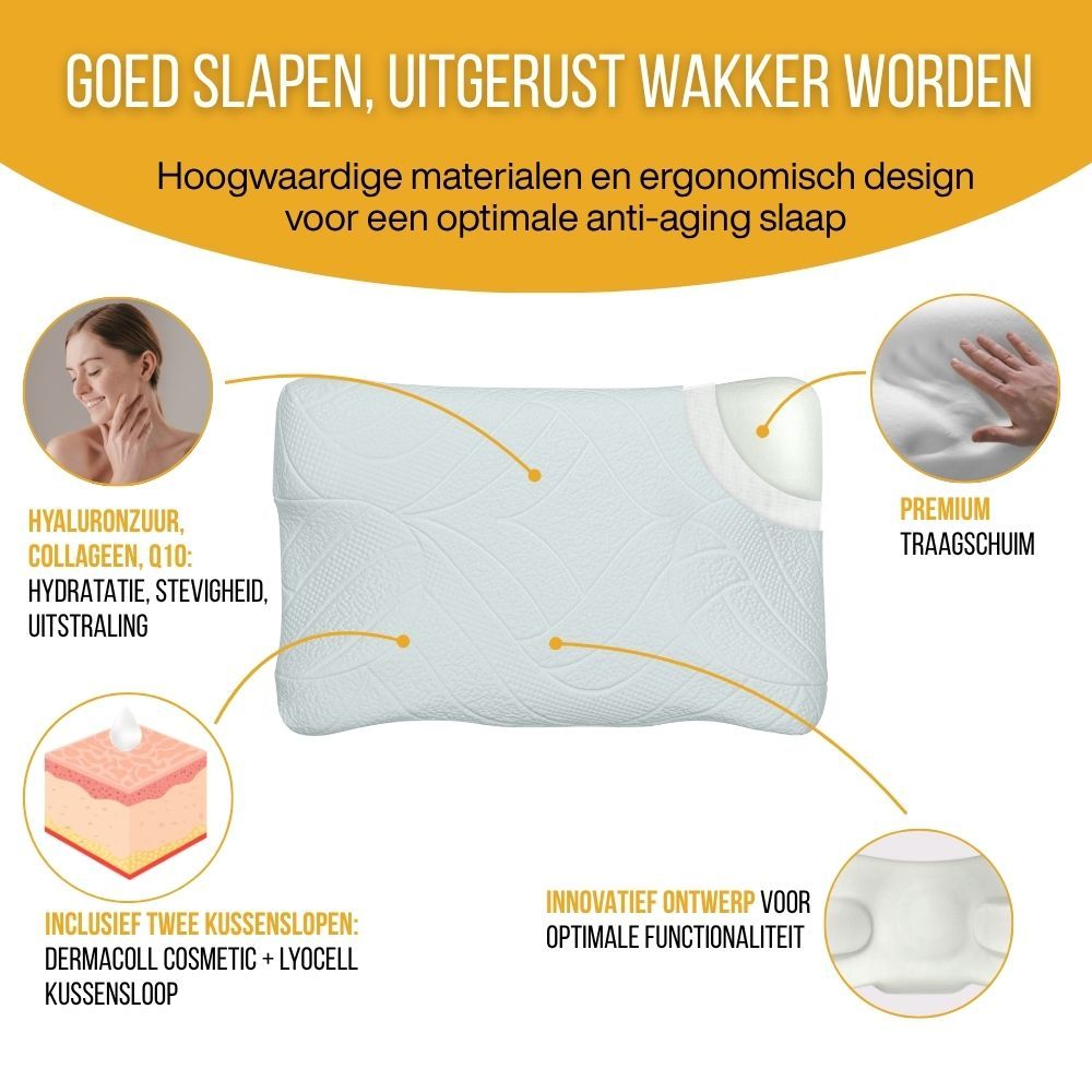 Afbeelding: kussen met tekst. Tekst: Hoogwaardig traagschuim, hyaluronzuur, collageen, Q10.