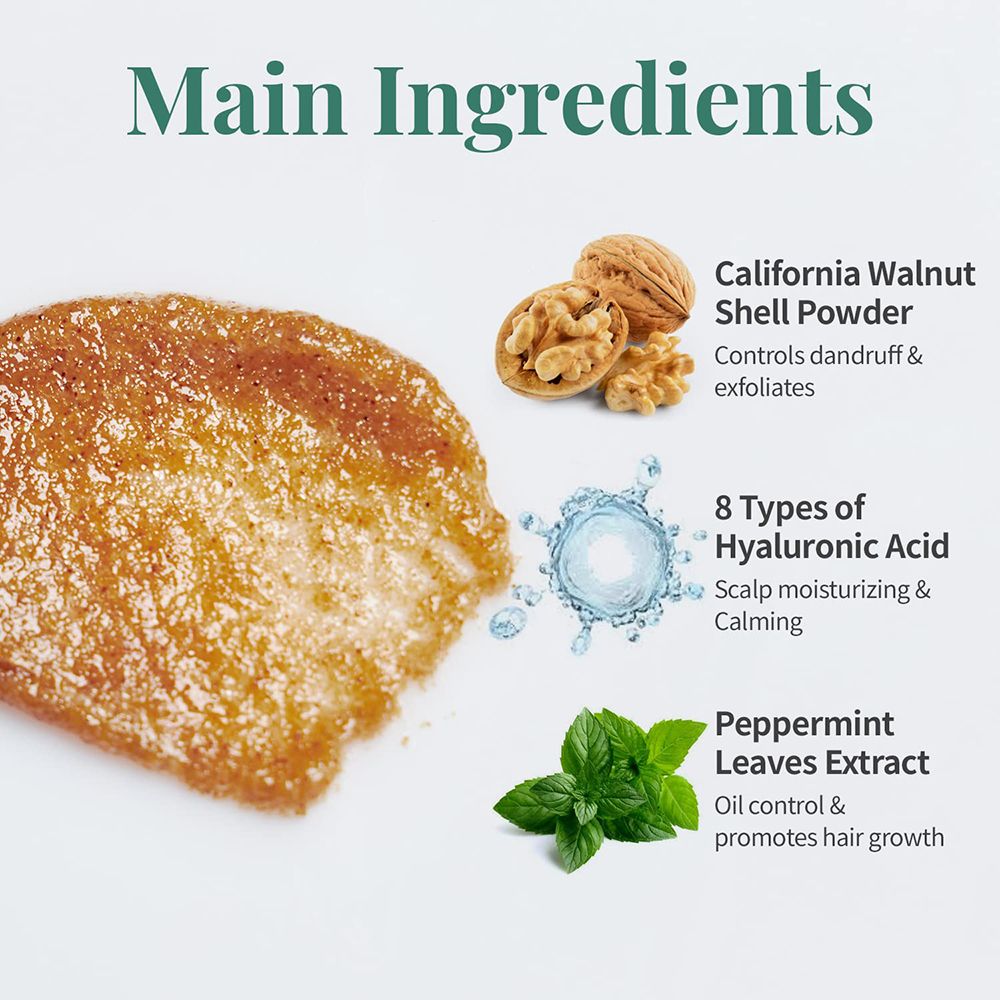 Ingrédients : poudre de coquille de noix, acide hyaluronique, extrait de menthe poivrée. Texte : Ingrédients principaux. Images : noix, menthe, liquide.
