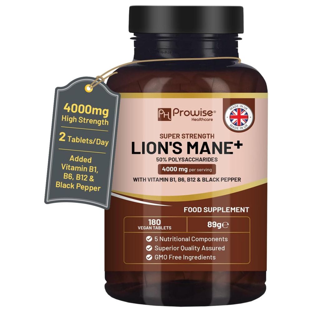Flacon marron avec comprimés. Texte : Prowise Lion's Mane+, 4000mg par portion, 50% polysaccharides, 180 comprimés végétaliens, 89g.