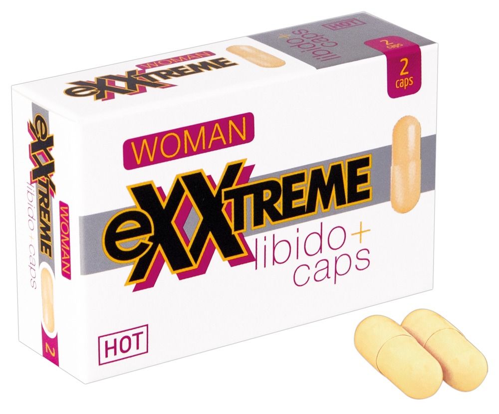 Capsules in een doos. Opschrift: eXXtreme Libido+ caps, HOT, WOMAN. Twee capsules ernaast.