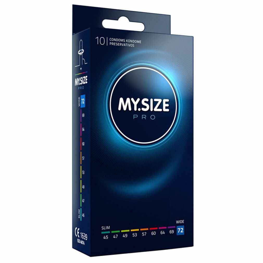 Zwarte verpakking met "MY.SIZE PRO" logo en maat 72. Bevat 10 condooms. CE-markering.