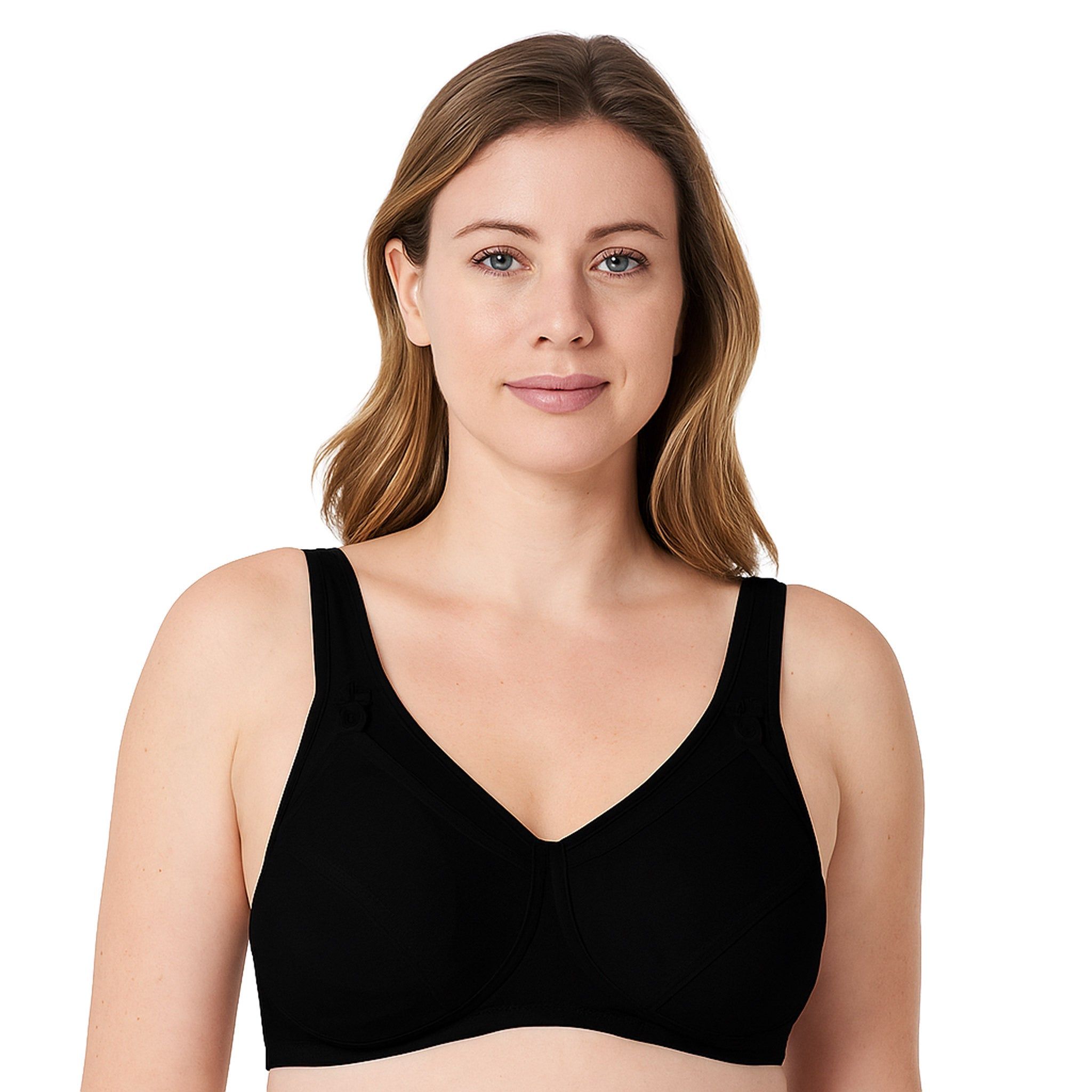 Femme portant un soutien-gorge d'allaitement noir, bonnet D. Vue de face.