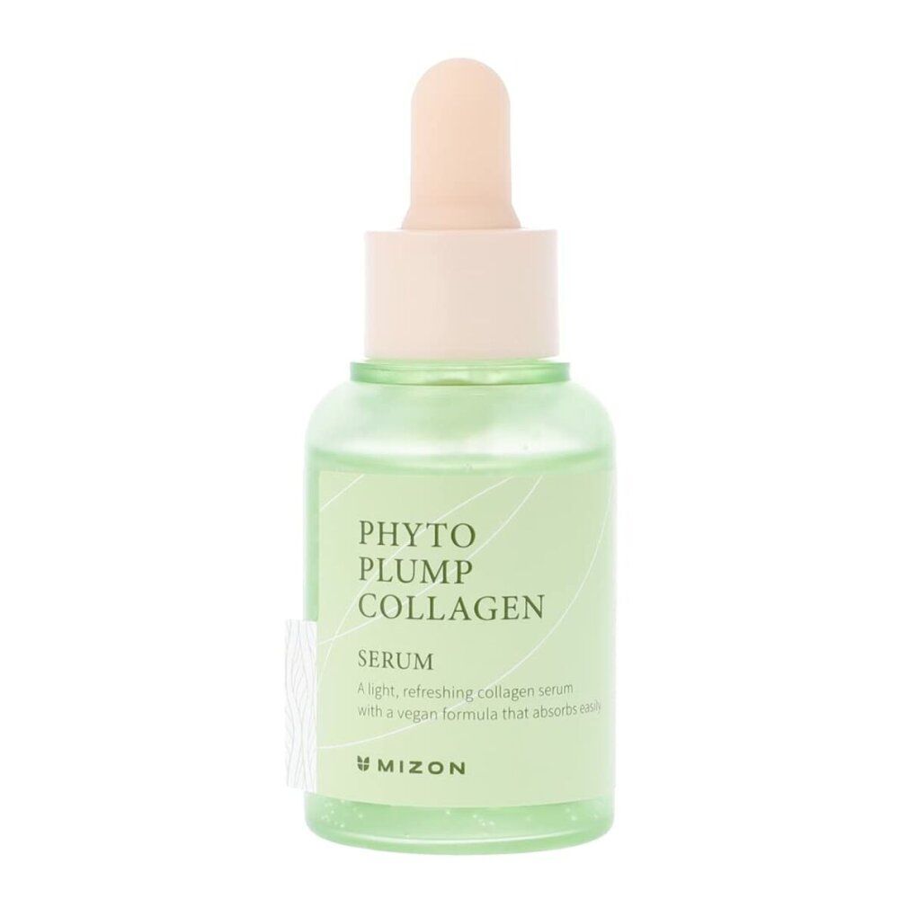 Groene glazen fles met serum. Opschrift: Phyto Plump Collagen Serum. Met pipet en lichte dop.