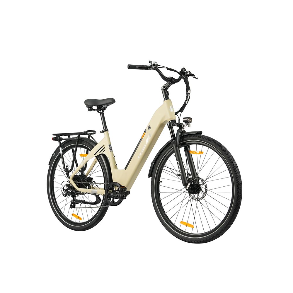 Vélo électrique beige avec pneus noirs, porte-bagages et garde-boue. Selle et guidon noirs. Éclairage.
