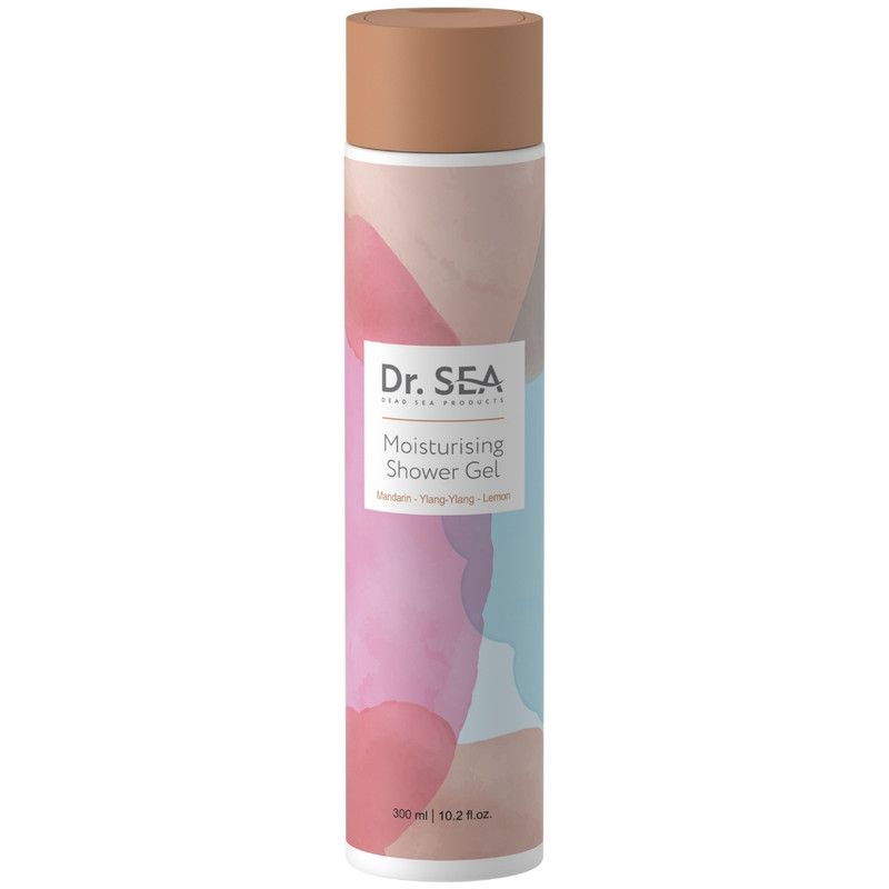 Flacon cylindrique avec bouchon. Inscription : Dr. SEA, Moisturising Shower Gel. Dégradé rose, bleu, marron.