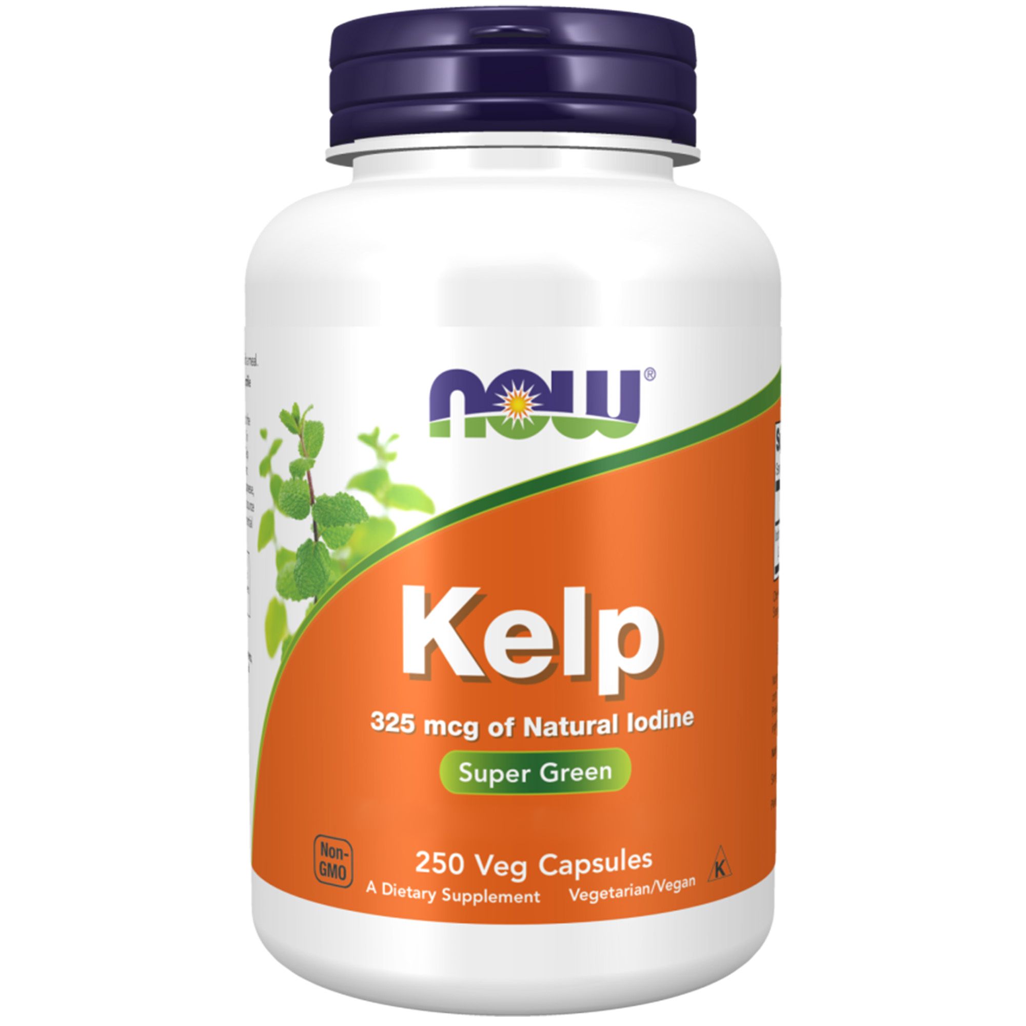 Flacon blanc à bouchon bleu. Étiquette orange avec "Kelp 325 mcg". Contient 250 capsules végétales. Logo "NOW" et feuilles vertes.
