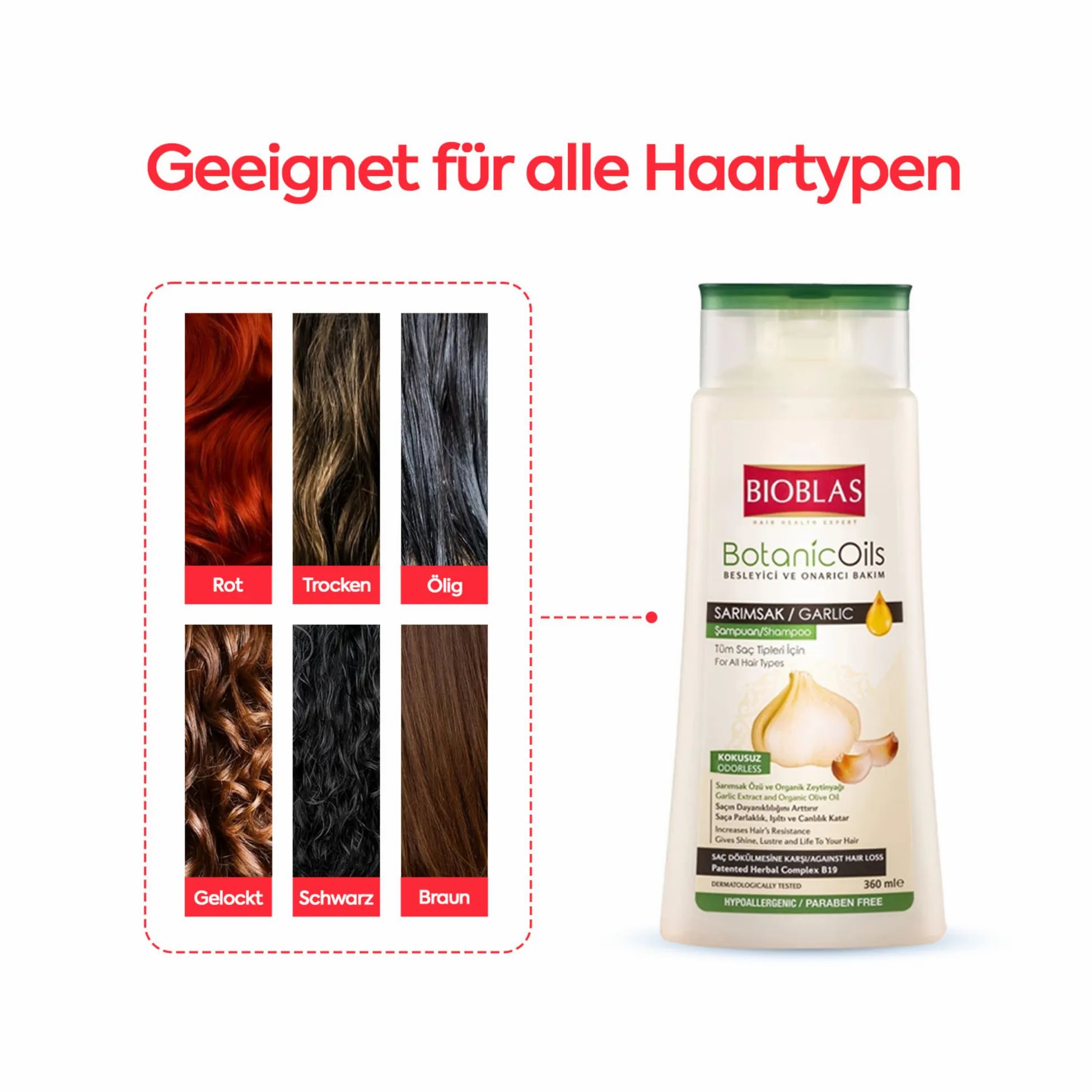 Bioblas BotanicOils shampoo met knoflook. Fles naast haartypes diagram. Geschikt voor alle haartypes.