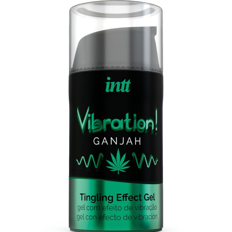 Flacon cylindrique noir. Texte: INTT, Vibration!, Ganjah, Tingling Effect Gel. Bouchon transparent.