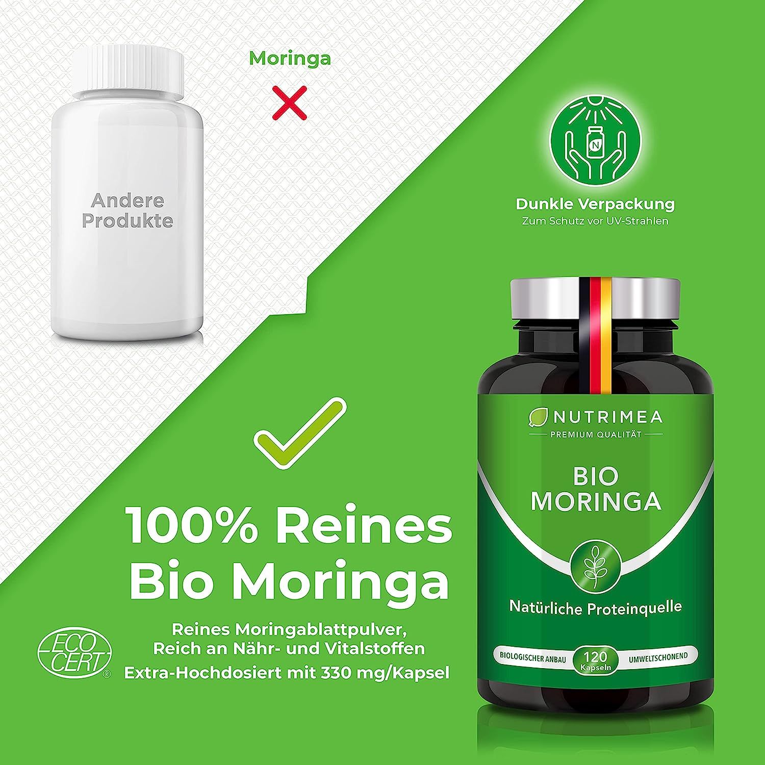 Vergelijking: Moringa-product vs. ander product. 100% pure BIO Moringa. EcoCert-label.