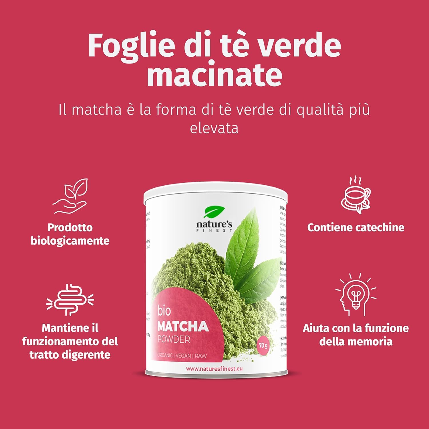 Publicité avec boîte de poudre de matcha et icônes. Texte : Foglie di tè verde macinate. Contient des catéchines, favorise la digestion.