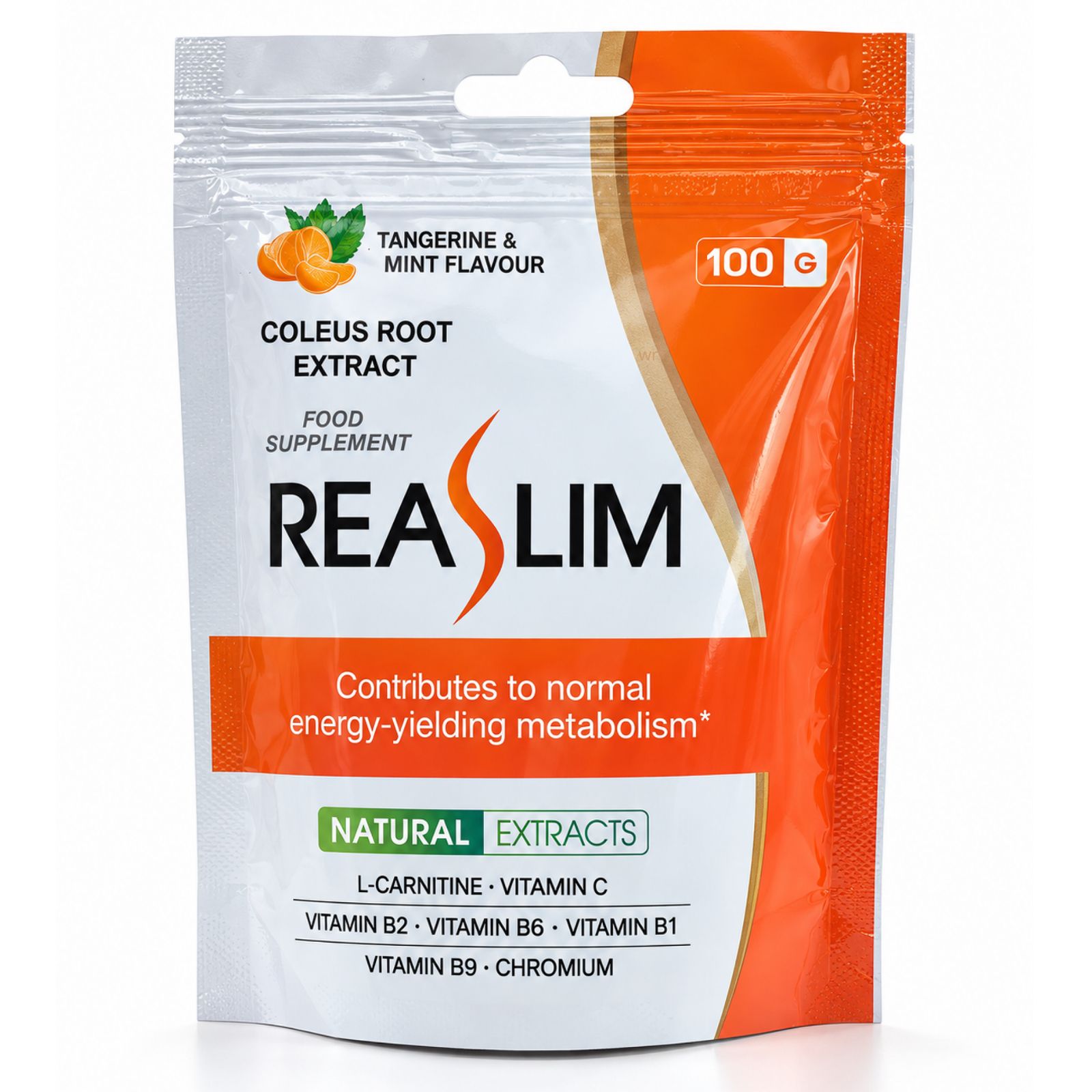 ReaSlim zakje van 100g, mandarijn & munt smaak. Bevat Coleus wortelextract, L-Carnitine, vitaminen.