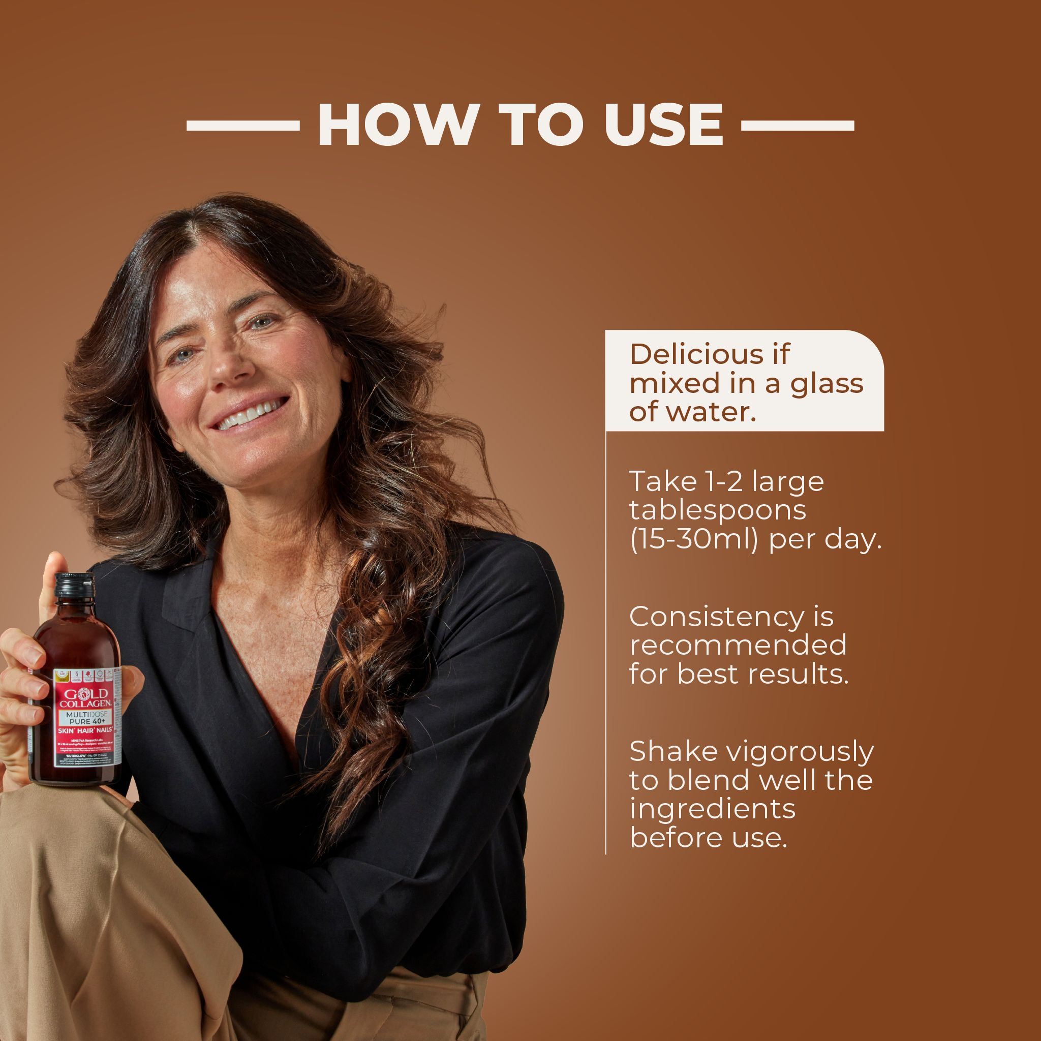 Femme tenant une bouteille Gold Collagen Multidose Pure 40+, avec instructions d'utilisation.