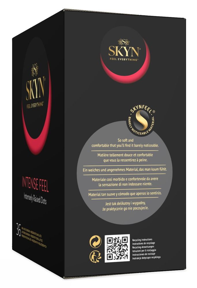 Boîte noire SKYN INTENSE FEEL, 36 unités. Texte sur le matériau et le recyclage. Logo SKYN et mentions.