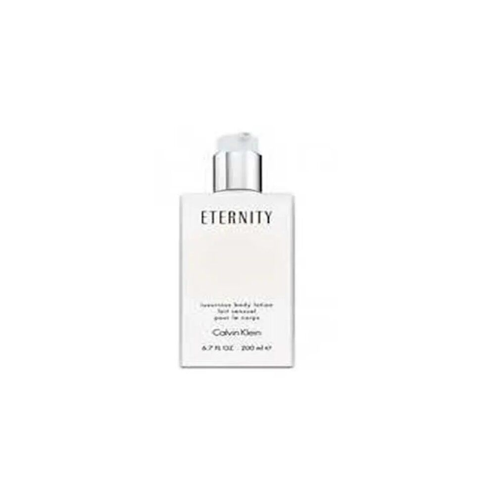 Witte bodylotionfles met pomp. Opschrift: ETERNITY, Calvin Klein. Tekst: luxurious body lotion, 6.7 FL OZ, 200 ml e.
