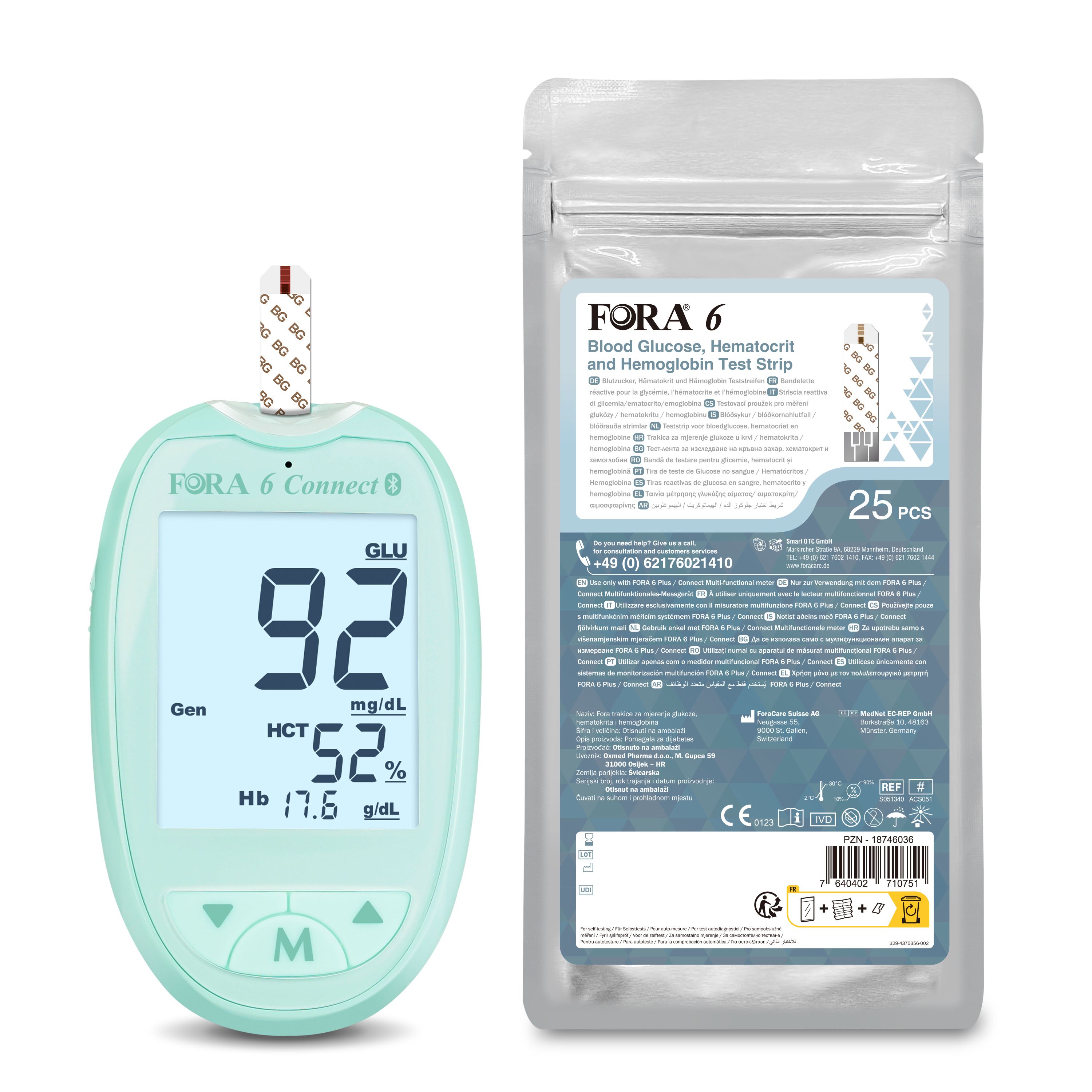 Bloedglucosemeter met display. Toont 92 GLU, 52% HCT, 17.6 g/dl Hb. Teststrip en verpakking met opschrift FORA 6.