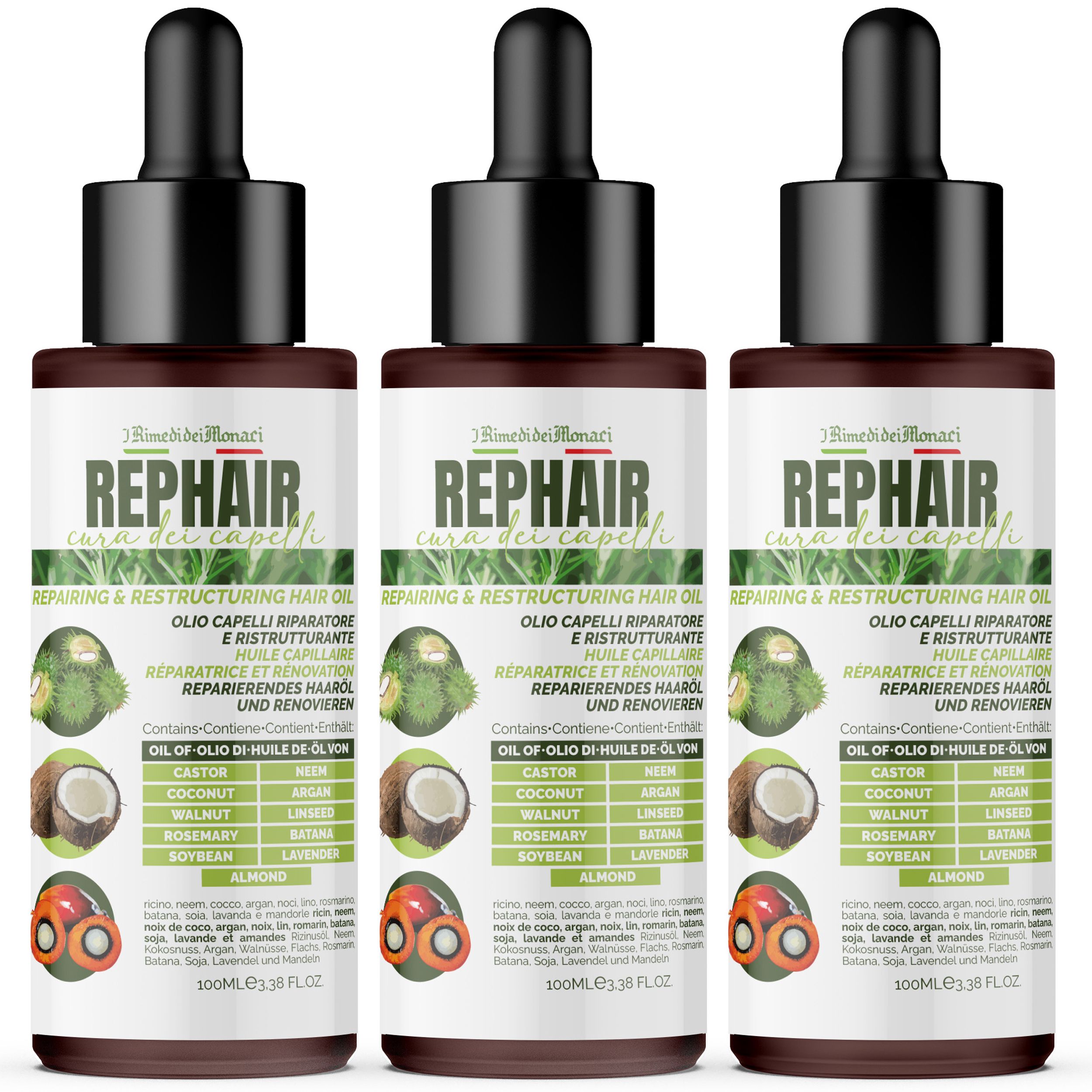 Trois flacons d'huile capillaire Rehair avec compte-gouttes. Inscription: REPHAIR. Contient huile, noix de coco, noix, romarin, soja, amande.