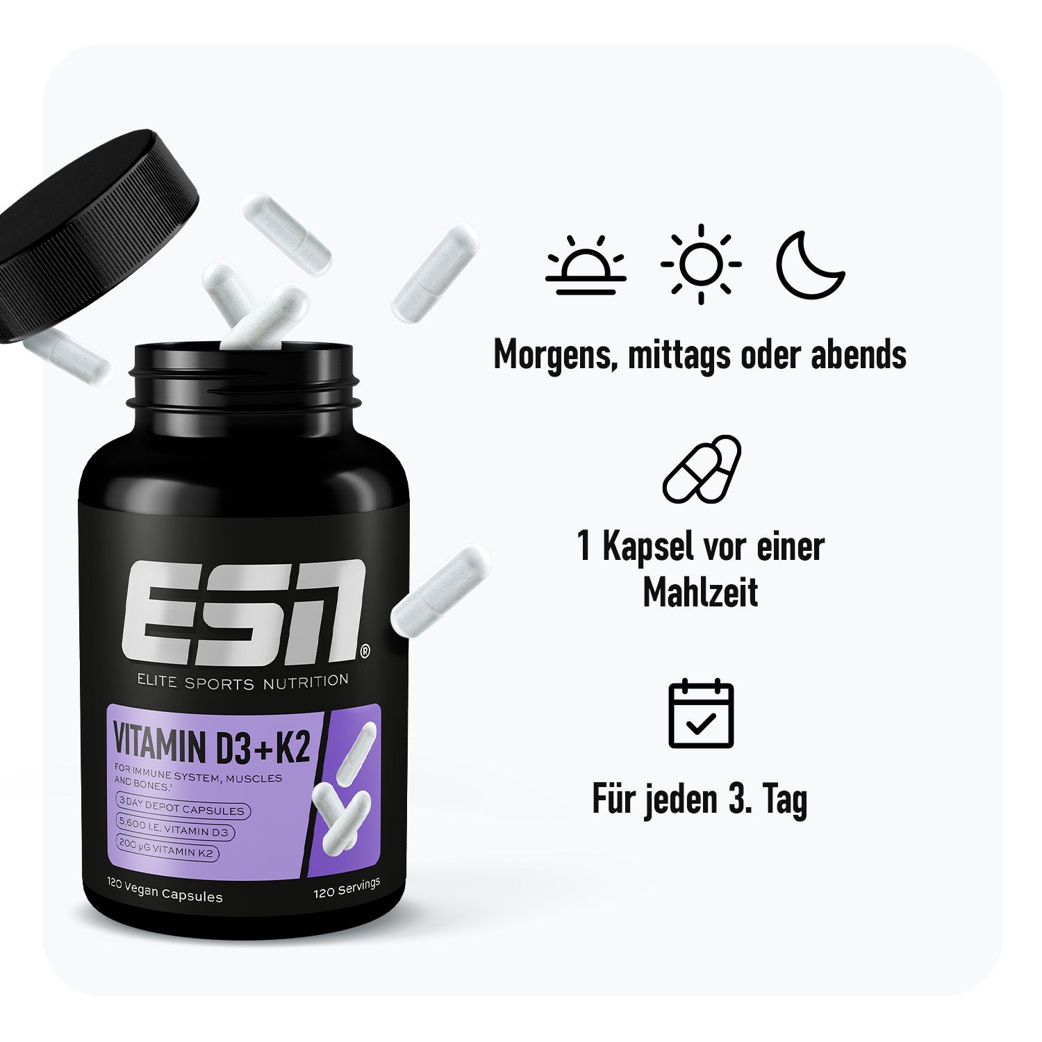 ESN Vitamine D3+K2 pot met open deksel, capsules worden eruit gehaald. Daarnaast inname-instructies.