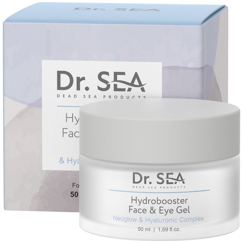 Pot de crème avec couvercle et emballage. Inscription : Dr. SEA, Hydrobooster Face & Eye Gel, 50 ml.
