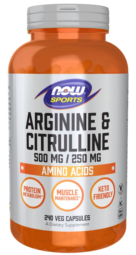 Oranje fles met witte dop. Opschrift: NOW SPORTS, Arginine & Citrulline, 500 mg / 250 mg, aminozuren. 240 veg capsules.