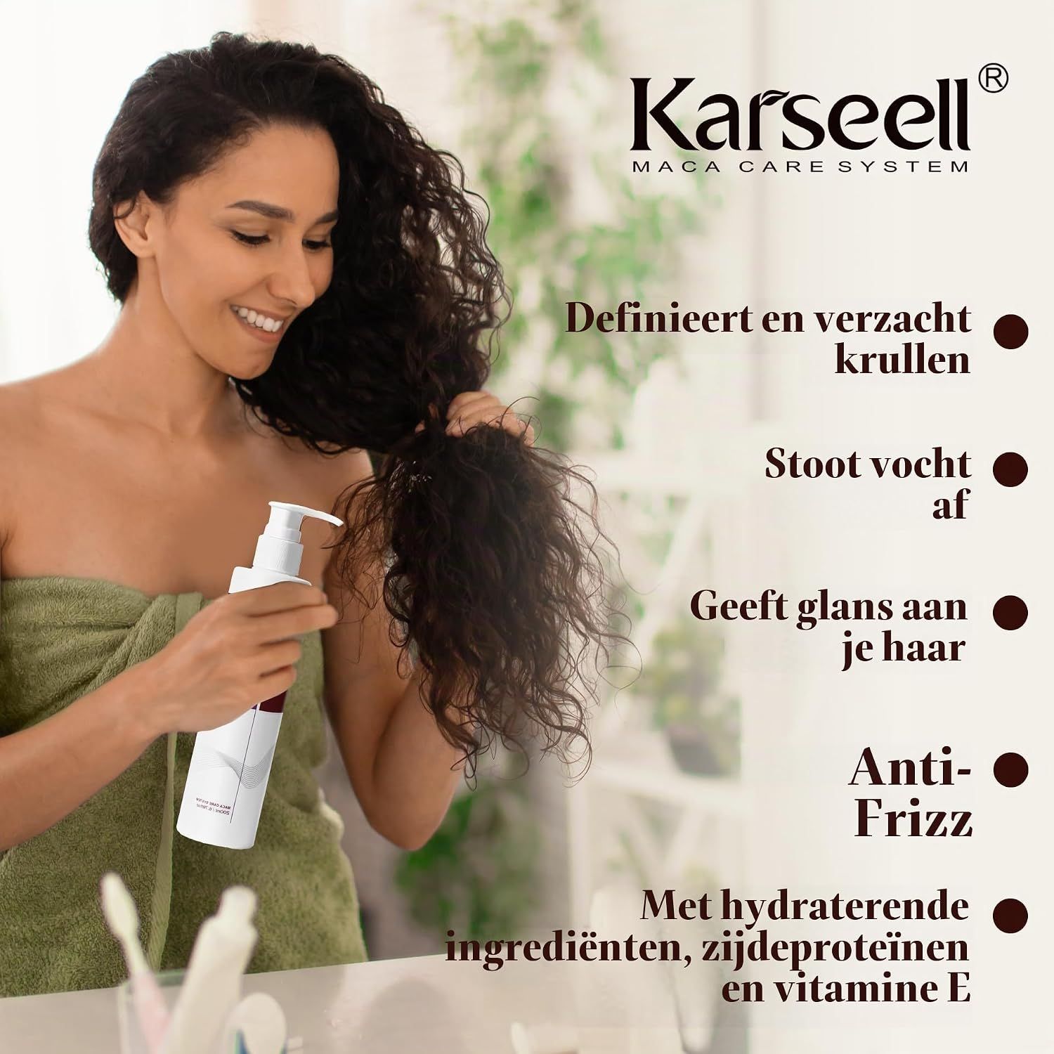 Een vrouw met lang, donker haar houdt een witte fles met pompdos. Tekst in het Nederlands.