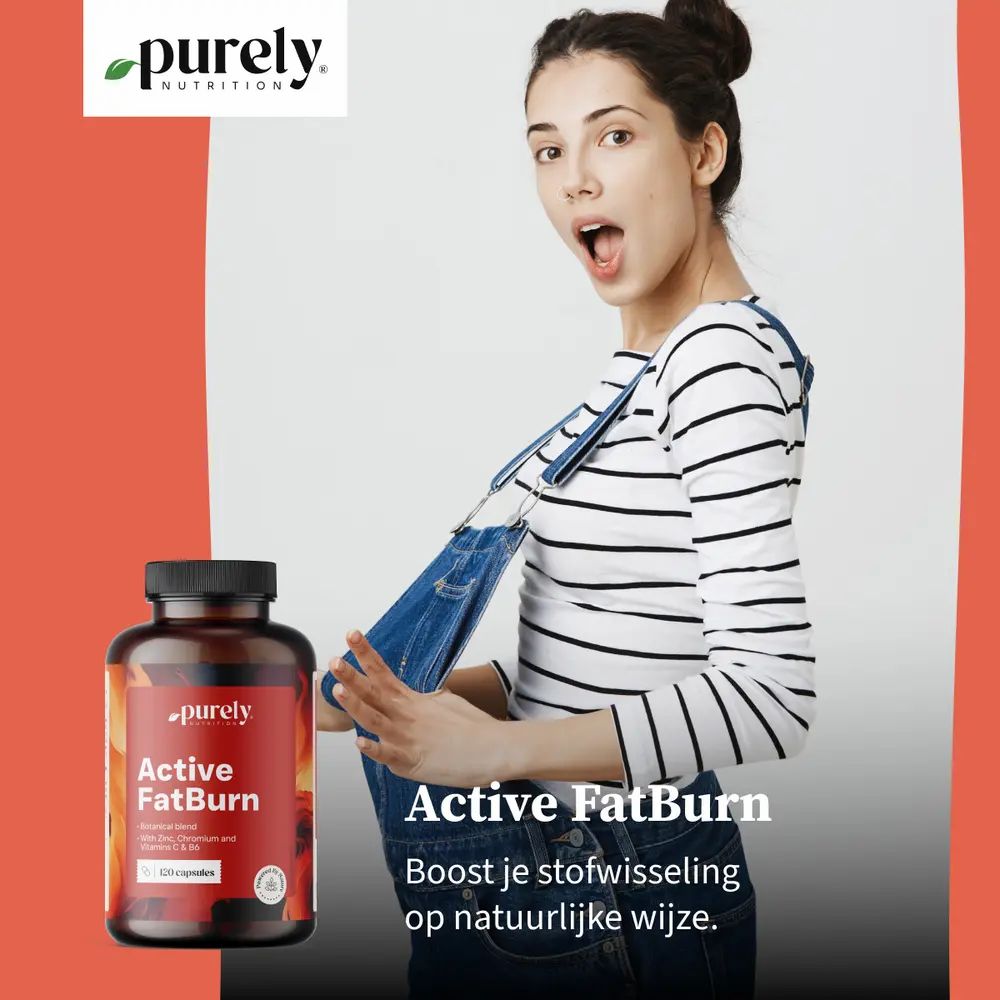 Vrouw in sportkleding met verbaasde uitdrukking. Naast haar een pot 'Active FatBurn'.