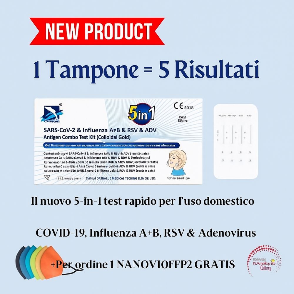 5-in-1 testkit. Bevat teststrips, testcassette en FFP2-masker. Voor COVID-19, Griep A/B, RSV & Adenovirus.