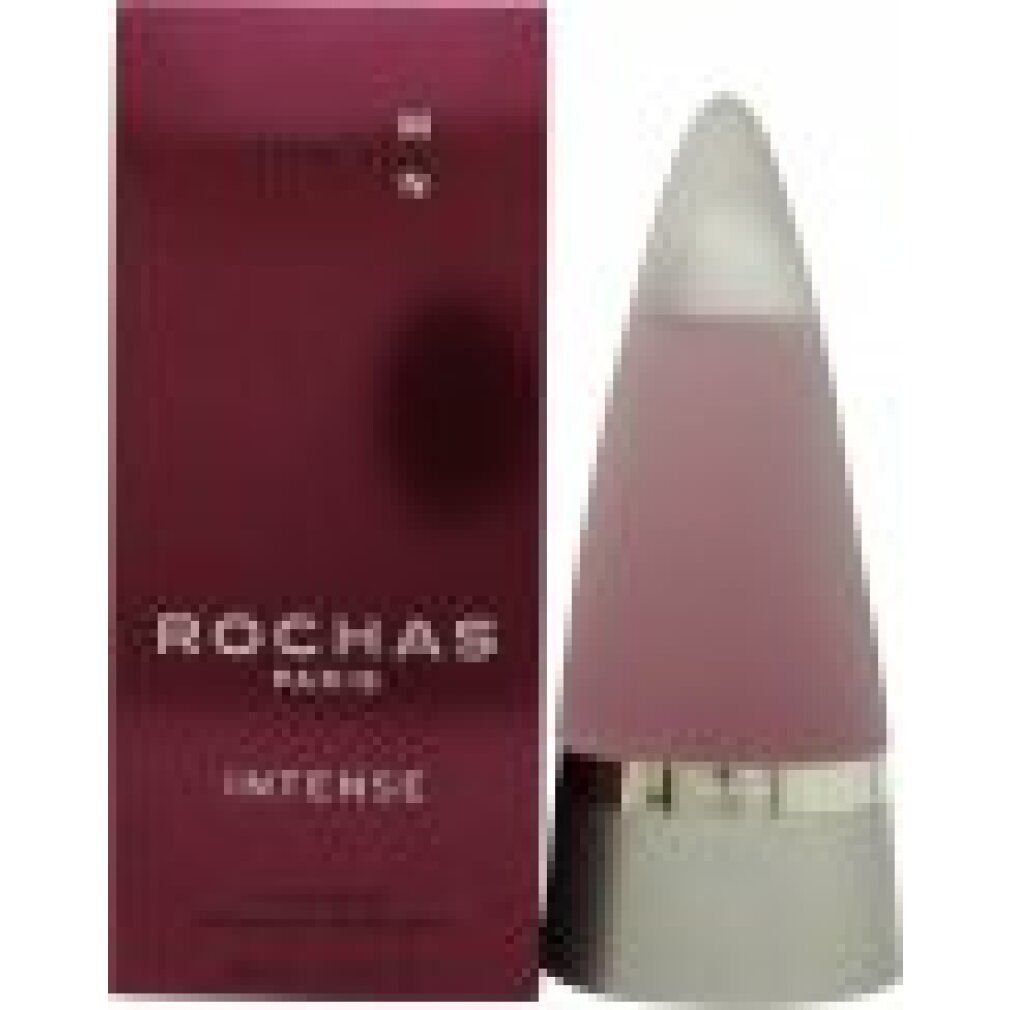 Rochas Man Intense Eau de Parfum Spray. Flacon rose en forme de cône, à côté d'un emballage rectangulaire. Les deux avec logo et texte.