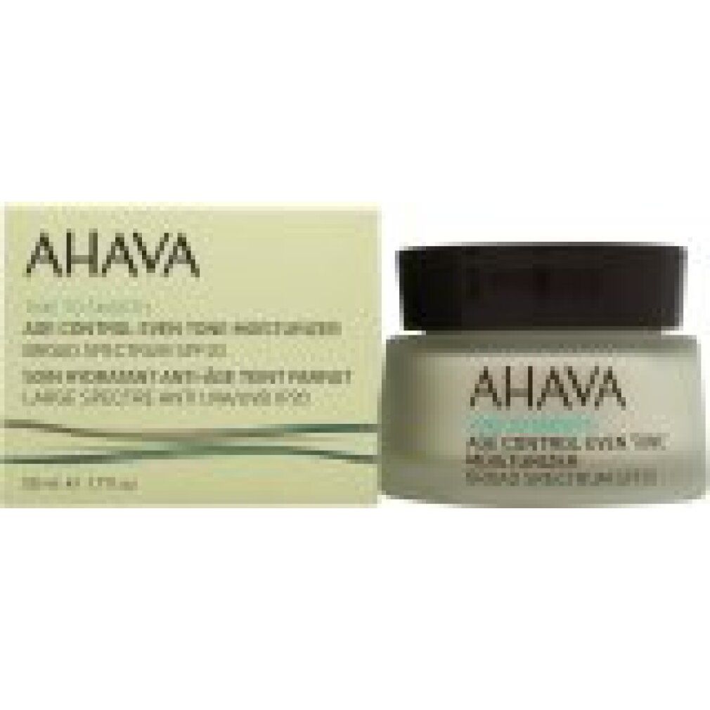 AHAVA Age Control Even Tone Moisturizer et son emballage. Pot en verre avec couvercle marron.
