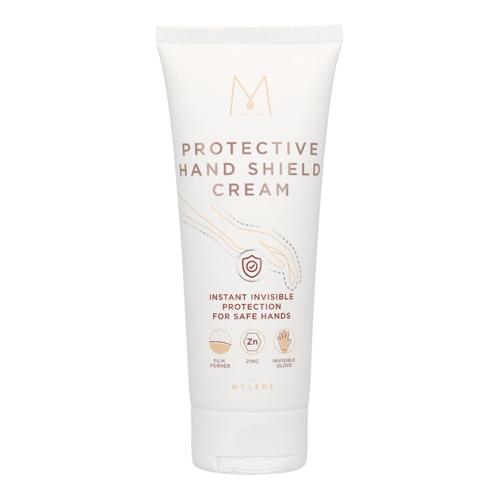 Tube blanc MYLÈNE Protective Hand Shield Cream. Texte: Instant Invisible Protection for Safe Hands. Logo et ingrédients.