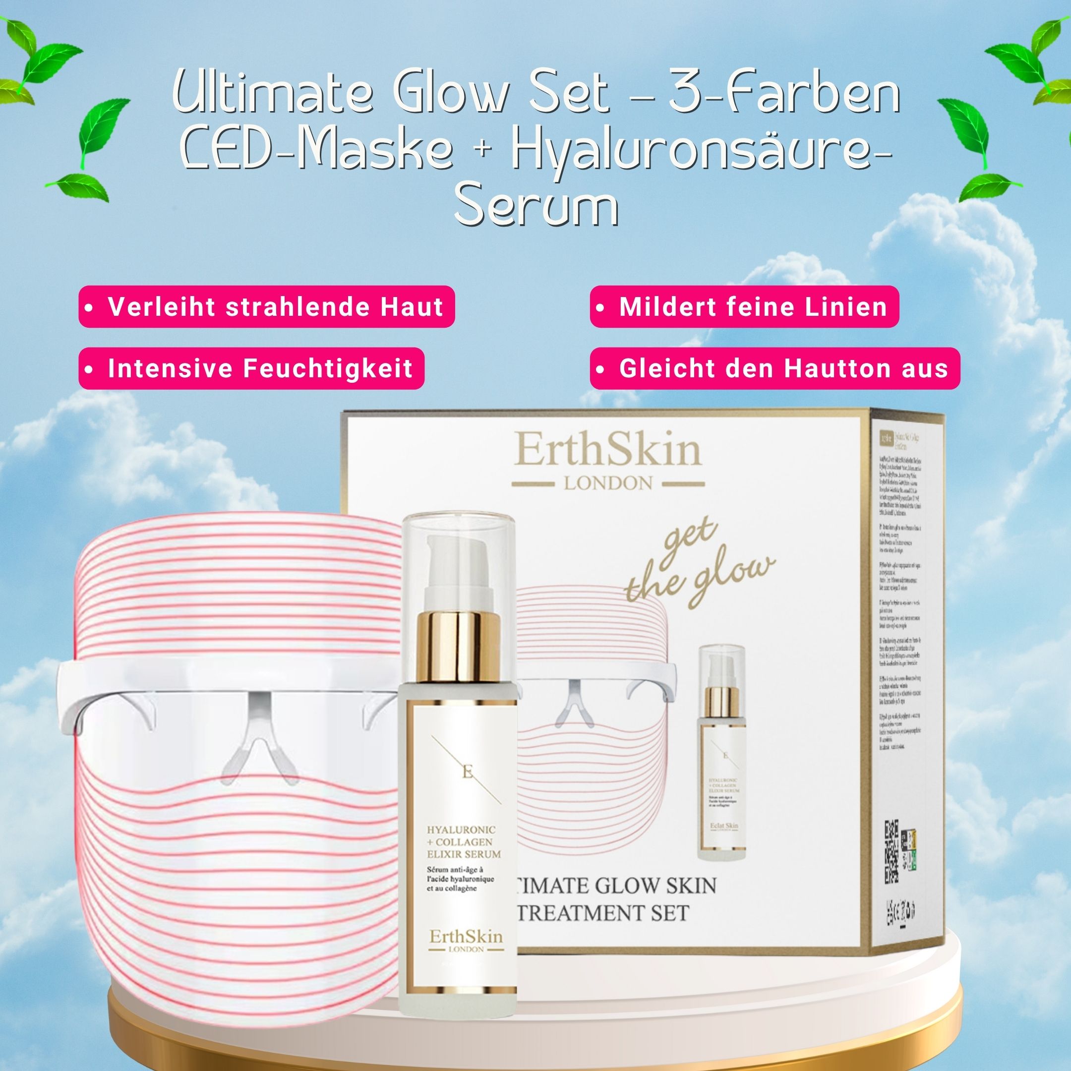 Ensemble ErthSkin London Ultimates Glow. Masque LED, sérum et emballage. Texte : "Ultimate Glow Set", "get the glow" et avantages du produit.