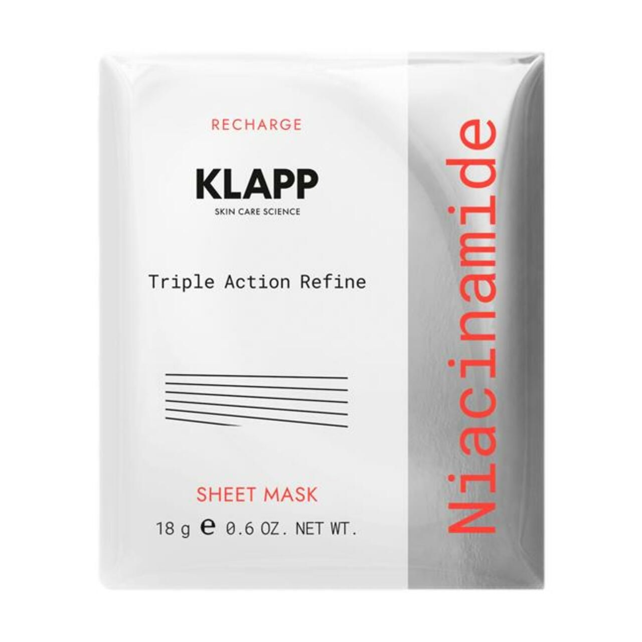 Masque en feuille Klapp. Emballage blanc avec texte rouge. Contient de la Niacinamide. Inscription: Recharge, Triple Action Refine, 18g.