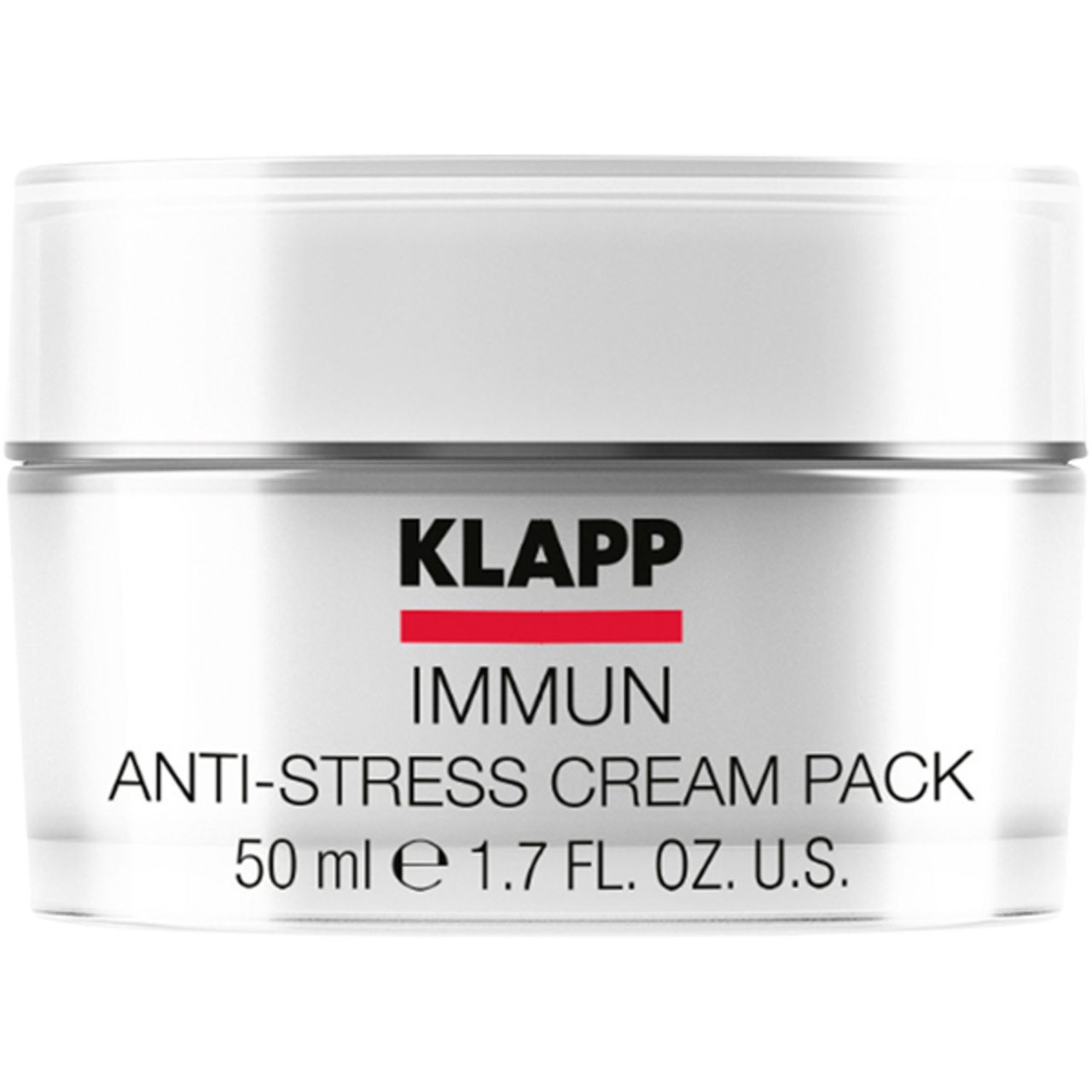 Witte pot met tekst KLAPP, IMMUN, Anti-Stress Cream Pack. 50 ml. Glazen pot met zilveren deksel.