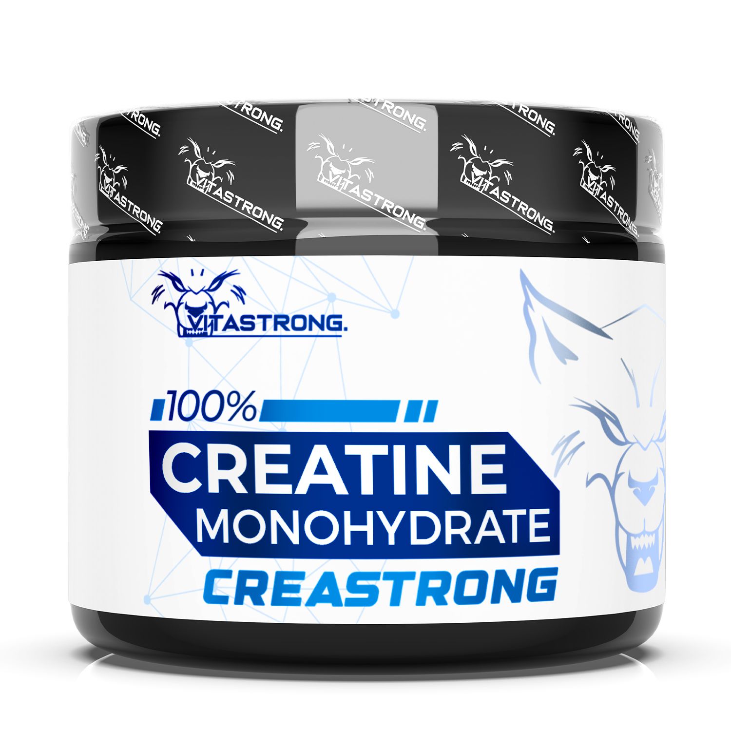 Pot noir avec étiquette blanche. Inscription: CREATINE MONOHYDRATE CREASTRONG. Marque: Vitastrong.
