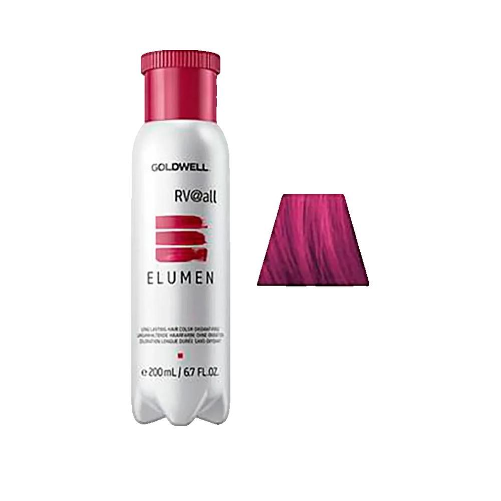 Goldwell Elumen RV@all fles en kleurstalen. Fles met rode dop, wit etiket en productinfo. Roze kleurstalen.