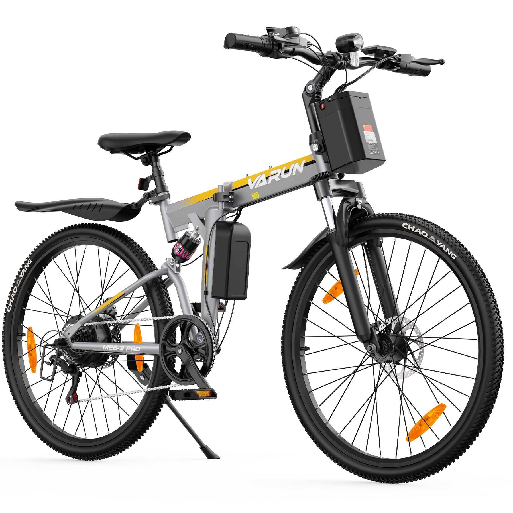Vélo électrique pliable gris-jaune. Pneus, selle, guidon noirs. Logo VARUN. Pneus CHAOYANG.