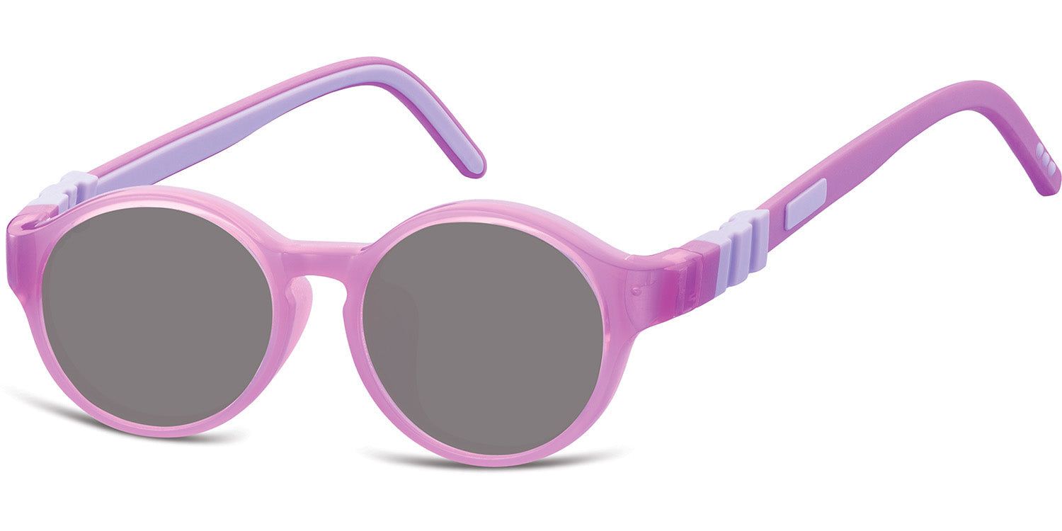 Lunettes de soleil roses rondes. Verres gris, monture et branches roses. Détails violets sur les branches.
