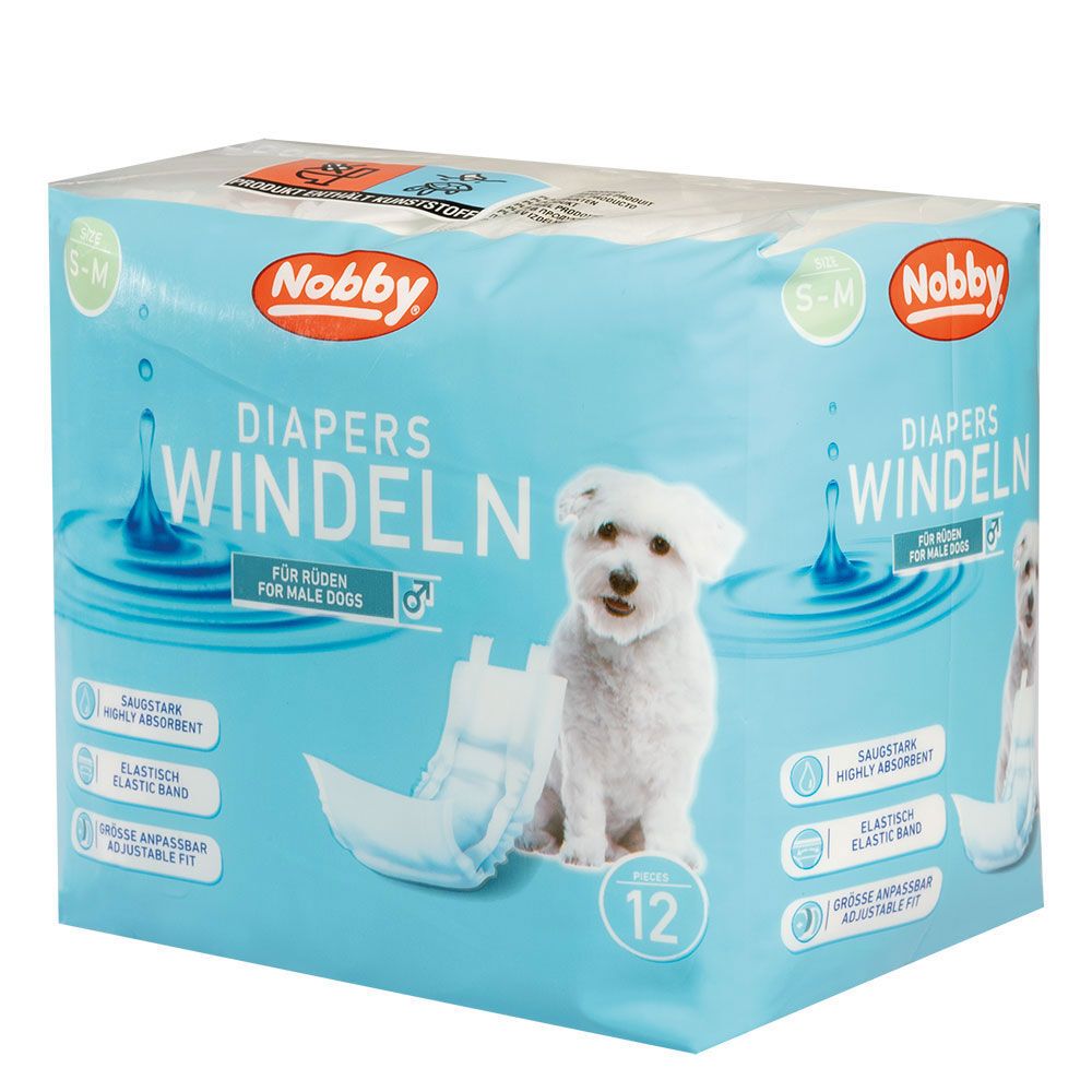 Paquet de couches Nobby pour chiens mâles. Boîte bleue avec nom du produit, chien et illustration de couche. Taille S-M, 12 pièces.