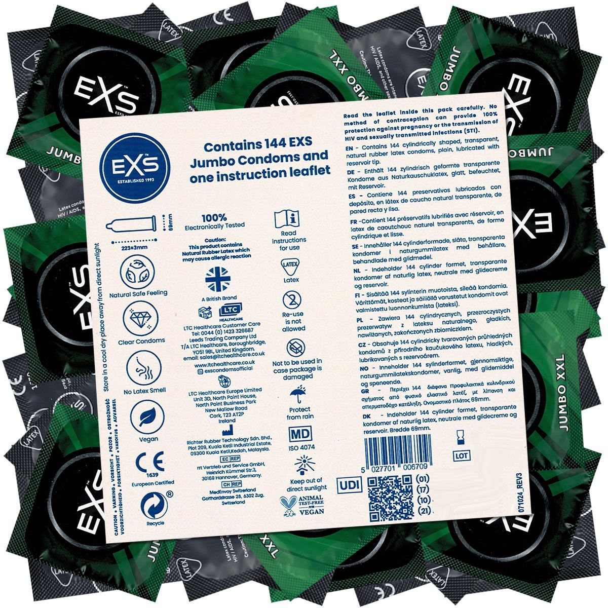 Verpakking met 144 condooms en bijsluiter. Merk EXS Jumbo XXL. Transparante condooms van natuurlijk rubberlatex.
